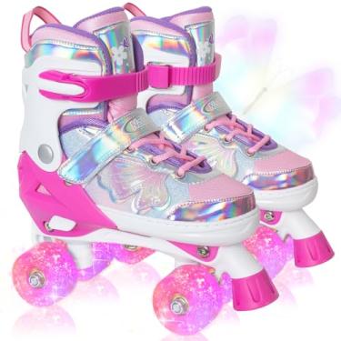 Imagem de Patins infantis para meninas e meninos - vermelho rosa para crianças grandes 7 8 9 10 anos - Rodas ajustáveis para todas as luzes borboleta e flor esportes internos ao ar livre presente de aniversário