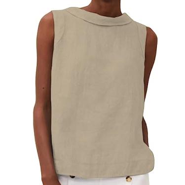 Imagem de Camisas femininas com gola de lapela de linho sem mangas cor sólida blusas soltas casuais de verão 2024 túnicas modernas da moda, Caqui, P
