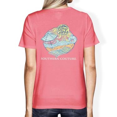 Imagem de Southern Couture Camiseta moderna Sunny Salty Happy, algodão coral para uso diário, Coral, G