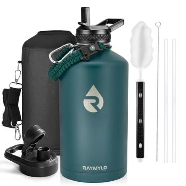 Imagem de Garrafa térmica para água RAYMYLO, aço inoxidável com parede tripla isolada a vácuo (fria por 48 h), jarra grande à prova de vazamento, sem BPA, alça de paracord, tampas de bico e canudo, 3,8 L