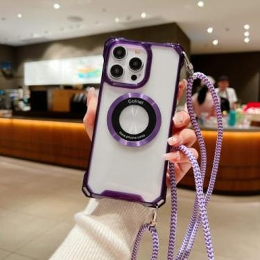 Imagem de Capa com alça de quatro cantos para iPhone 15 14 13 12 Pro XS Max X Plus 11 Pro cordão crossbody cordão à prova de choque capa magnética transparente, roxa, para iPhone 12