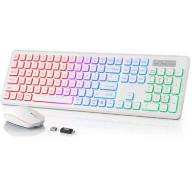 Imagem de SABLUTE Teclado e mouse sem fio retroiluminados, teclas silenciosas, pernas inclinadas, modo de suspensão – Combo sem fio USB recarregável para computador, iMac, PC, laptop (branco)