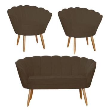 Imagem de Combo Pétala Namoradeira e 2 Poltronas Decorativa Estofada Suede Marro