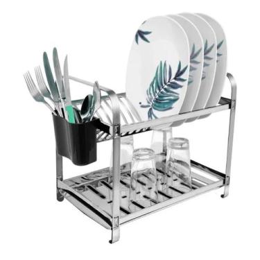 Imagem de Escorredor de Louças 12 Pratos em Aço Inox com Porta Talher Plastico M