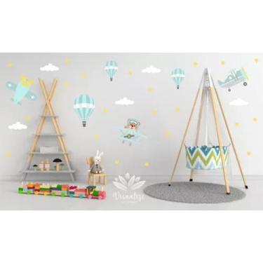 Imagem de Adesivo De Parede Urso Aviador Com Aviões E Balões Grande - pinkie