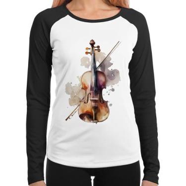 Imagem de Baby Look Raglan Violino Manga Longa - Foca na Moda, Branco, Preto, GG