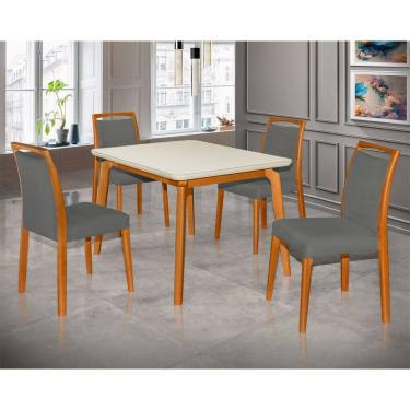 Imagem de Mesa Jantar Luxo Jade 120X90cm Off White Com 4 Cadeiras Estofadas Linho Cinza Escuro Base Madeira Maciça 