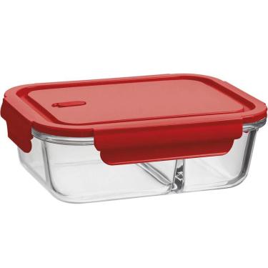 Imagem de Marmita Hermética com Divisória 1L Pote de Vidro Borossilicato Tampa Vermelha Retangular UZ