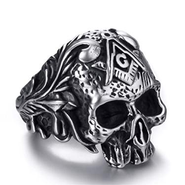 Imagem de Elfasio Anéis de caveira góticos legais para homens de aço inoxidável vintage maçônico motociclista punk joia presente para ele tamanho 8-13, Aço inoxidável, ônix síntese