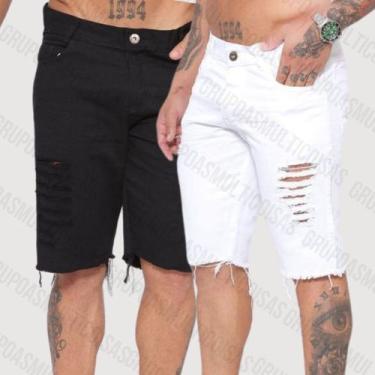 Imagem de Kit 2 bermudas jeans modelo slim destroyed nas cores preto/branco  - K