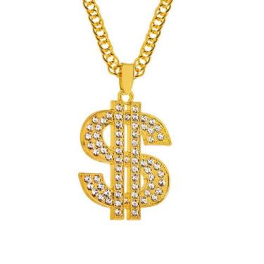 Imagem de Colar Dolar Cifrão Dinheiro Dourado Hip Hop Luxo Strass - anjo da mamã