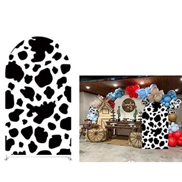 Imagem de Ittsmnt Capas de fundo de arco com estampa de vaca tema de fazenda de vaca para festa com tema de fazenda de vaca, fundo de parede elástico arqueado para festas chá de bebê, adereços para fotos de aniversário,