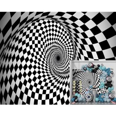 Imagem de Caaerttply Pano de fundo para fotografia de vórtice preto e branco 3D abstrato espiral túnel infinito preto e branco xadrez pano de fundo infantil decoração de festa de aniversário adultos adereços