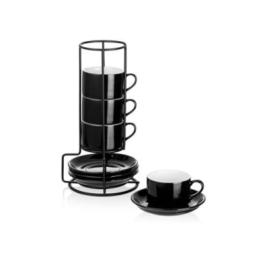 Imagem de Meichu Conjunto de 4 xícaras empilháveis de café expresso de porcelana com pires e suporte de metal, conjunto de 4 xícaras de cappuccino empilháveis, conjunto de xícaras expresso pretas para café