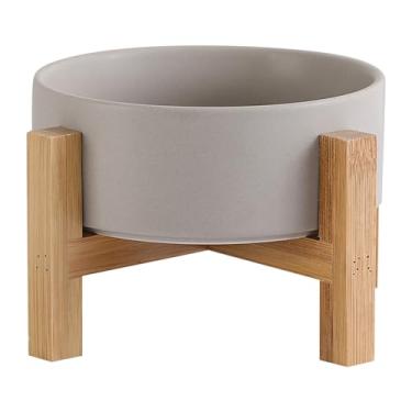 Imagem de Tigelas elevadas de cerâmica, médias - suporte de madeira antiderrapante - antivômito (Cinza, Puppy/Small Dogs & Cat Bowls 400ML*1)