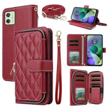 Imagem de Dswteny Argyle Capa carteira para Motorola Moto G54 5G com alça de pulso, alça de ombro, bolsa de couro PU flip suporte para cartão de crédito acessórios capa de celular para G 54 2023 mulheres