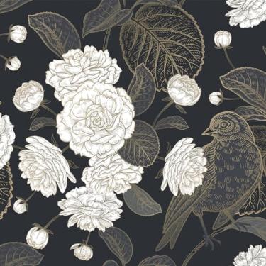 Imagem de Wallercity Papel de parede floral preto vintage peônia pássaros boho papel de parede de contato preto para armários forro de prateleira rolo de vinil autoadesivo papel de parede para quarto banheiro