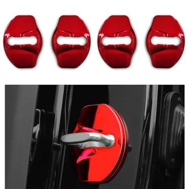 Imagem de YJMOTOR Compatível com protetor de fechadura de porta de carro Tesla Model 3 2016-2024 para capa de batente de porta modelo Y com acessórios Tasla de proteção de aço inoxidável 4Ps (Nologo vermelho