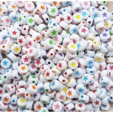 Imagem de 1000 Miçangas Entremeio Smile Coração ou Estrela 7x4mm Infantil Missanga p/Pulseira Colar Artesanato (Estrela Branco e Colorido)