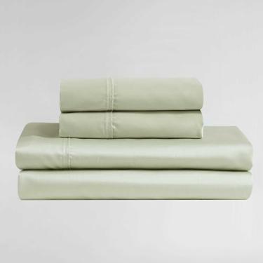Imagem de Calvin Klein - Conjunto de lençóis, roupa de cama luxuosa de cetim rico em algodão, brilho refinado, design moderno (Rekoop Wellness Green, Queen)