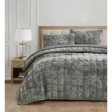 Imagem de Chezmoi Collection Piers Conjunto Queen de veludo cinza médio, 3 peças, edredom leve de pelúcia envelhecido para todas as estações, microfibra escovada reversa com ponto quadrado duplo