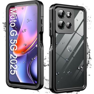 Imagem de Capa para Motorola Moto G 5G 2025 com protetor de tela integrado, capa à prova d'água, resistente, à prova de poeira, à prova de choque, capa protetora à prova de quedas, preta