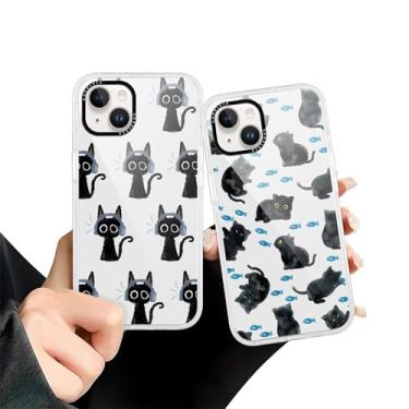 Imagem de Zrutru Pacote com 2 capas de telefone de gato preto para iPhone 14/iPhone 13 desenho fofo gato preto para mulheres meninas meninos resistente a arranhões à prova de choque Funda para iPhone 14 6,1