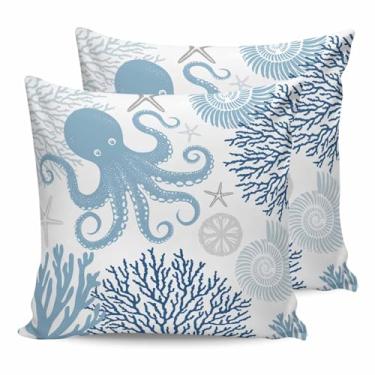 Imagem de Chees D Zone Capas de almofada para ambientes externos subaquáticas azul polvo estrela do mar coral, capa de travesseiro impermeável, protetores de travesseiro macios, fronha de criatura do oceano