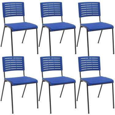 Imagem de Kit 06 Cadeiras Empilhável Fixa Escritório Multiuso Base Preta Kimi P03 Azul - Lyam Decor