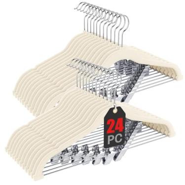 Imagem de Korpai Pacote com 24 cabides de veludo bege com clipes ajustáveis, cabides para adultos, resistentes, antiderrapantes, economizam espaço, cabides de feltro para calças, saias, ternos, casacos,