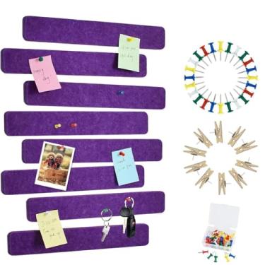 Imagem de Vuzvuv 8 tiras de barra de quadro de avisos com 50 pinos e 10 pinos de clipe de madeira, placa de cortiça autoadesiva para parede, placa de feltro para escola, decoração de escritório (roxo)