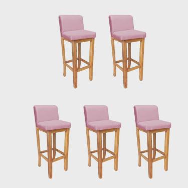 Imagem de Kit 05 Banqueta Alta Com Encosto Aila Balcão Bistrô Base Madeira Maciça Corino Rosa Bebê - Ahz Móveis
