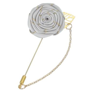 Imagem de uxcell Broche de lapela rosa para ternos masculinos, broche de flores de pano feito à mão com folha de ouro/corrente para acessórios de terno casamento de noivo, cinza prateado, 9.5 cm, Metal, Liga