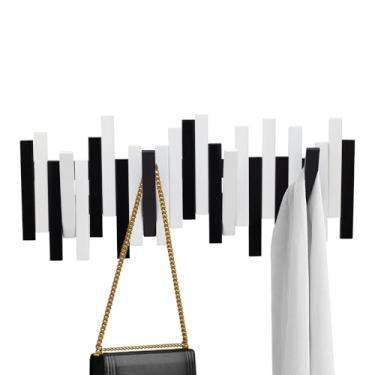 Imagem de MinBoo Cabide de bambu com vários ganchos – Cabide moderno, exclusivo e econômico com 4 ganchos dobráveis para pendurar casacos, cachecóis, chaves, chapéu guarda-chuva e muito mais, preto com branco