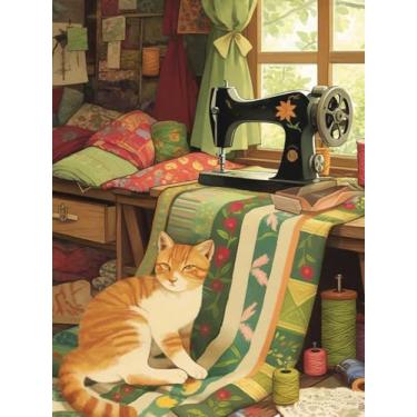 Imagem de UPABLUNSO Kits de pintura de arte de diamante para máquina de costura de gato, arte de diamante 5D para adultos, pintura de broca redonda por Diamonds Art and Crafts para decoração de parede de casa