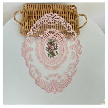 Imagem de RZGZKLSH Pacote com 2 jogos americanos retrô de renda estilo francês, doilies de crochê franceses, tapetes de mesa bordados feitos à mão, toalha de mesa de café, decoração retrô (rosa)