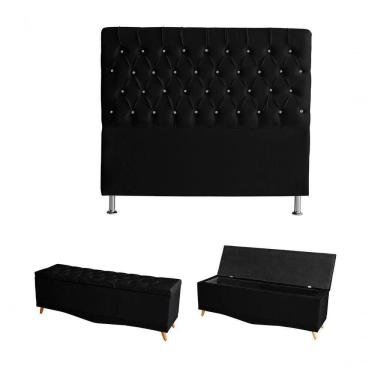 Imagem de Kit Estrela Cabeceira De Cama E Calçadeira Baú Pés Palito Botão Cristal Casal 140 Cm Suede Preto Do Lar Móveis