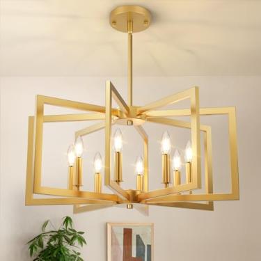 Imagem de Bairth Lustre Dourado De 8 Lâmpadas, Luminária Para Sala De Jantar Estilo Fazenda, Lustre Moderno, Luminária De Metal Industrial Geométrica Suspensa Para Hall De Entrada, Cozinha, Sobre A Mesa, Cor
