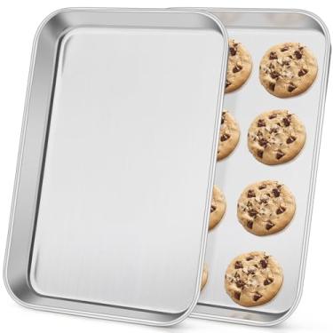 Imagem de Conjunto de 2 assadeiras Leonyo de aço inoxidável de 30 cm x 24 cm para assar, torradeira de metal profundo de 2 cm para forno, pode ser lavada na lava-louças