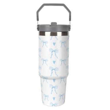 Imagem de JOJOART Copo de carro de grande capacidade 850 g laço coração azul aço inoxidável flip canudo copo de viagem caneca de café isolado garrafa de água copo copo com tampa e canudo à prova de vazamento