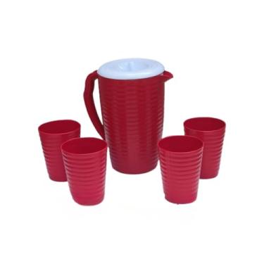 Imagem de Kit Jarra de Água e Suco Com 4 Copos 300ml Ondulados Plástico (VERMELHA)