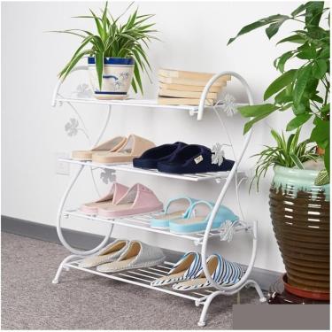 Imagem de Sapateira industrial, sapateira de ferro forjado esculpida na entrada com palmilha de plástico Sapateira de metal de 4 camadas para armazenamento de calçados em sala de estar, branca, 60 * 3