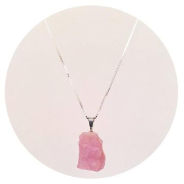 Imagem de Colar Prata 925 com Banho Platina Quartzo Rosa Bruto Natural - Ponte V
