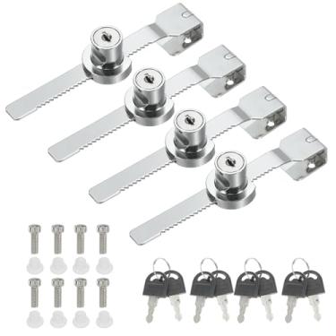 Imagem de PATIKIL Fechadura de armário de vidro deslizante, 4 peças com chave de liga de zinco, bloqueio único oscilante, sem furadeira, fechadura de porta de vidro para porta de vidro de 8 mm, prata