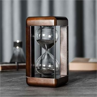Imagem de ELAINESTORE Temporizador de ampulheta de 60 minutos, moldura de madeira e metal para escritório, ioga, decoração de casa (areia preta, tamanho grande)
