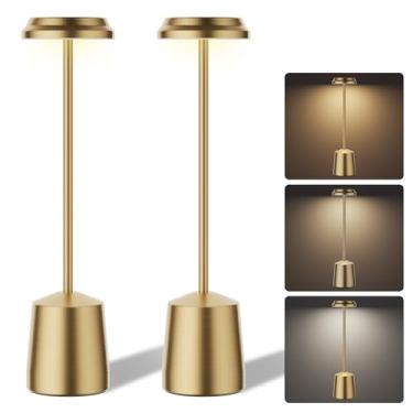 Imagem de Conjunto de 2 luminárias de mesa de LED douradas de alumínio, recarregáveis, portáteis de 5000 mAh, luz de mesa operada por bateria, controle de toque de escurecimento contínuo de 3 cores, luminária