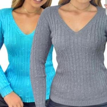 Imagem de Kit 2 Blusas Femininas Industrie Suéter Malha Tricô Turquesa e Chumbo Manga Longa Tamanho:Único;Cor:-Feminino