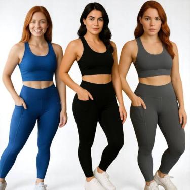 Imagem de KIT 3 CALÇAS Legging LISA com BOLSO Leg Fitness Academia Corrida Cintu