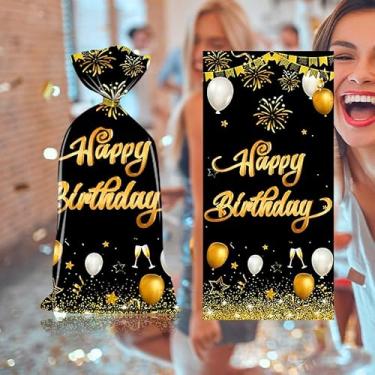 Imagem de RIGHTA TECH Sacolas de presente de celofane de aniversário em ouro preto, 100 peças, presente de plástico impresso de feliz aniversário, biscoitos, doces, sacos de armazenamento com gravatas para