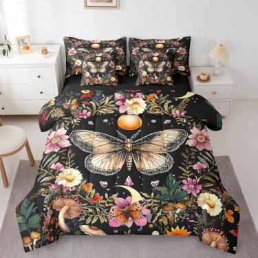 Imagem de Feelyou Conjunto de edredom Queen de mariposa da morte, tamanho Queen, boêmio, sol e lua, para meninos e meninas, com cogumelos, edredom + lençol + fronhas + fronhas